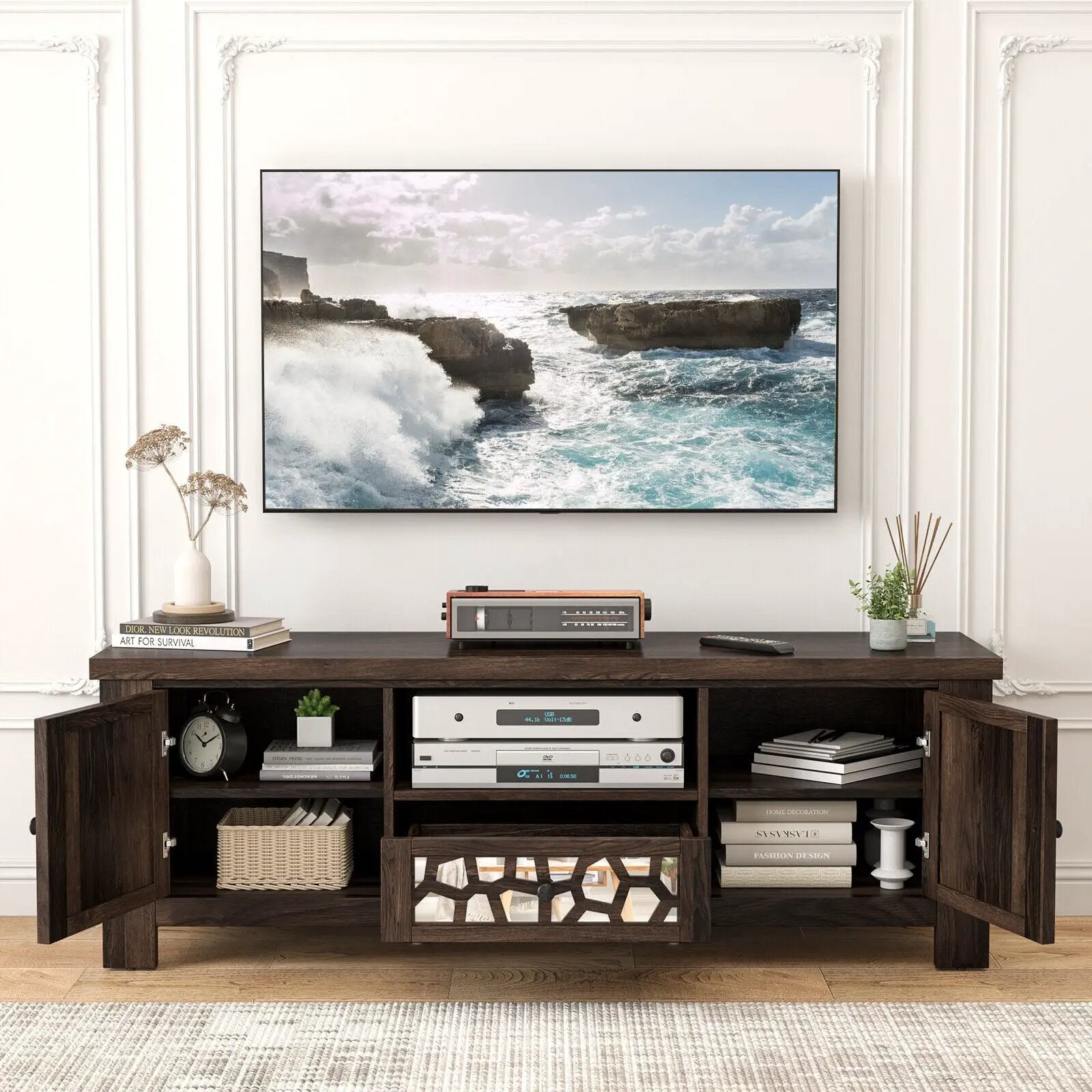 55 Inch Retro TV Stand Media Entertainment Center with Mirror Doors and Drawer by DirectDeals