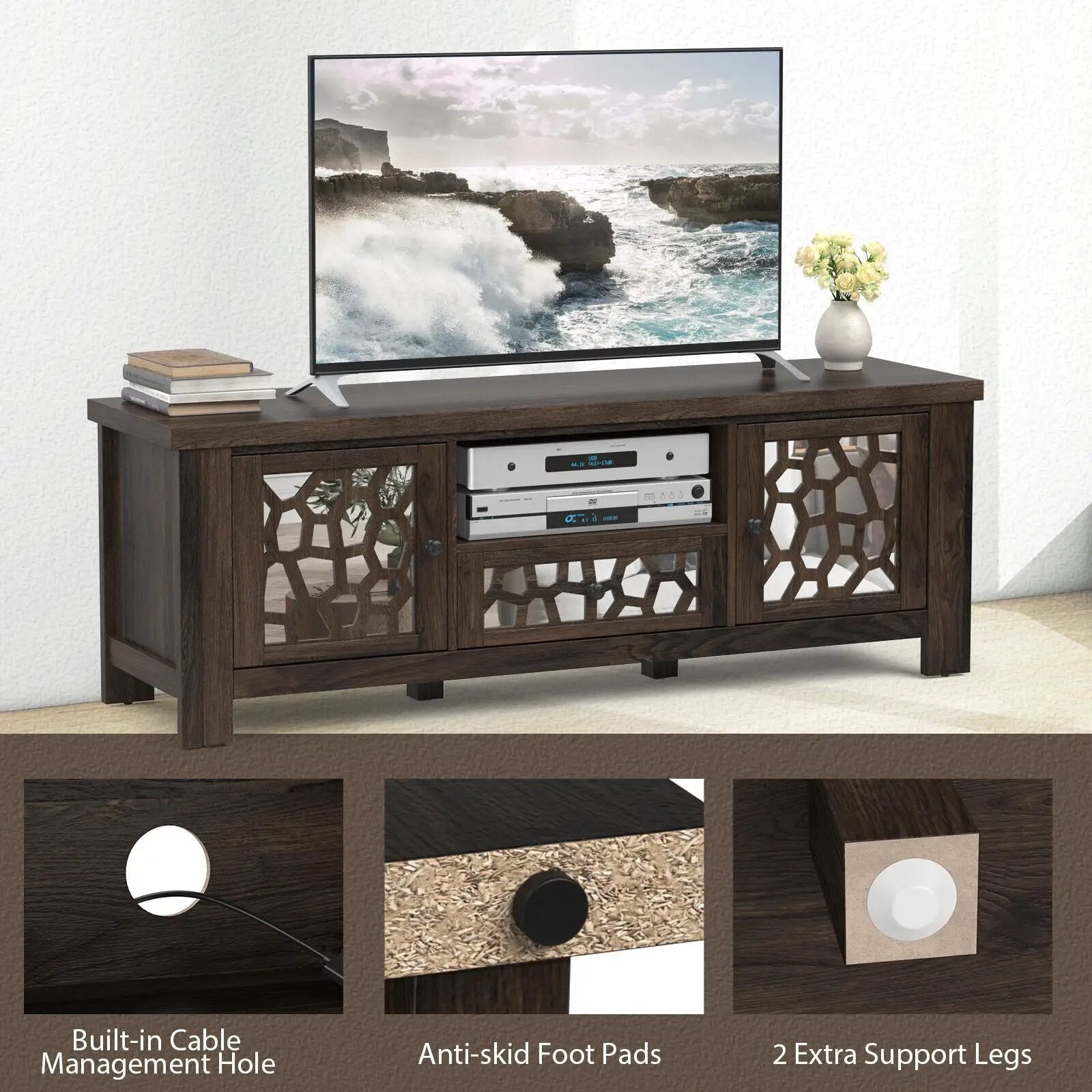 55 Inch Retro TV Stand Media Entertainment Center with Mirror Doors and Drawer by DirectDeals