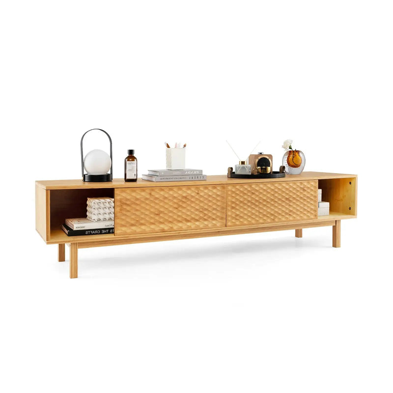 63 Inches Mid Century Modern Bamboo TV Stand with Sliding Doors-Natural by DirectDeals