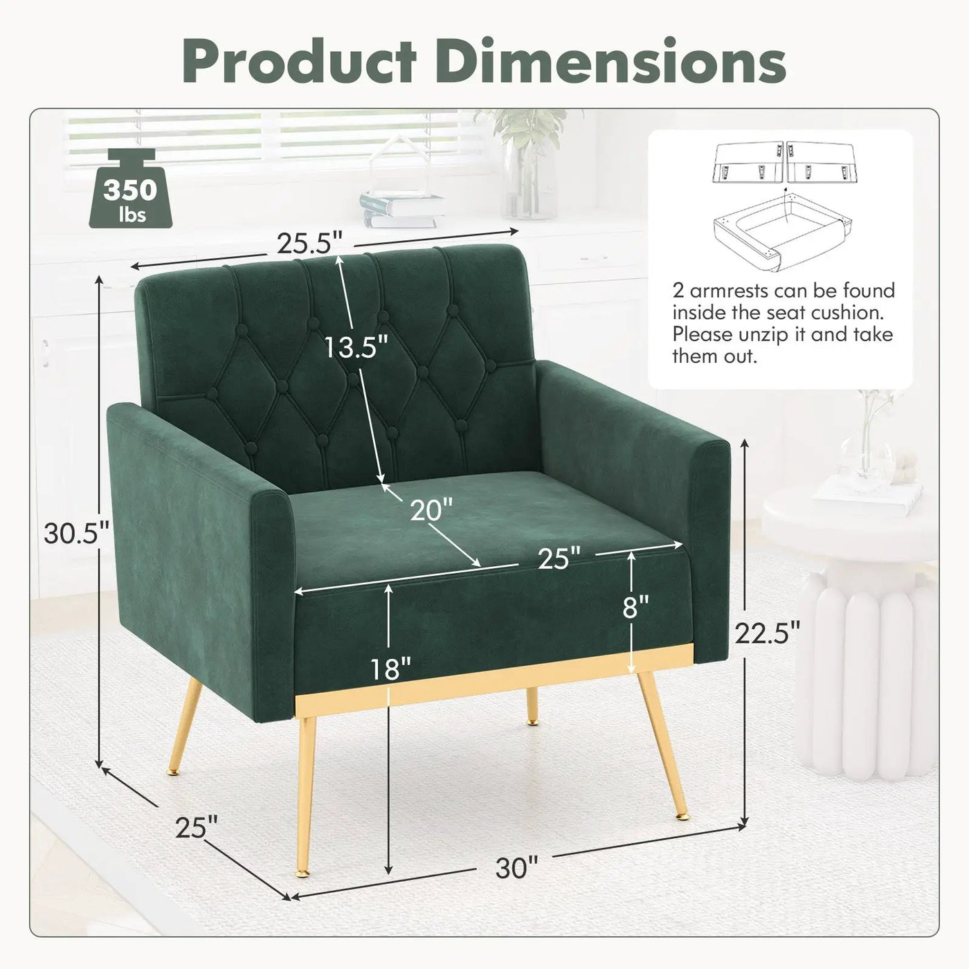 Modern Velvet Accent Chair with Button Tufted Back Golden Metal Legs and Adjustable Foot Pads by DirectDeals