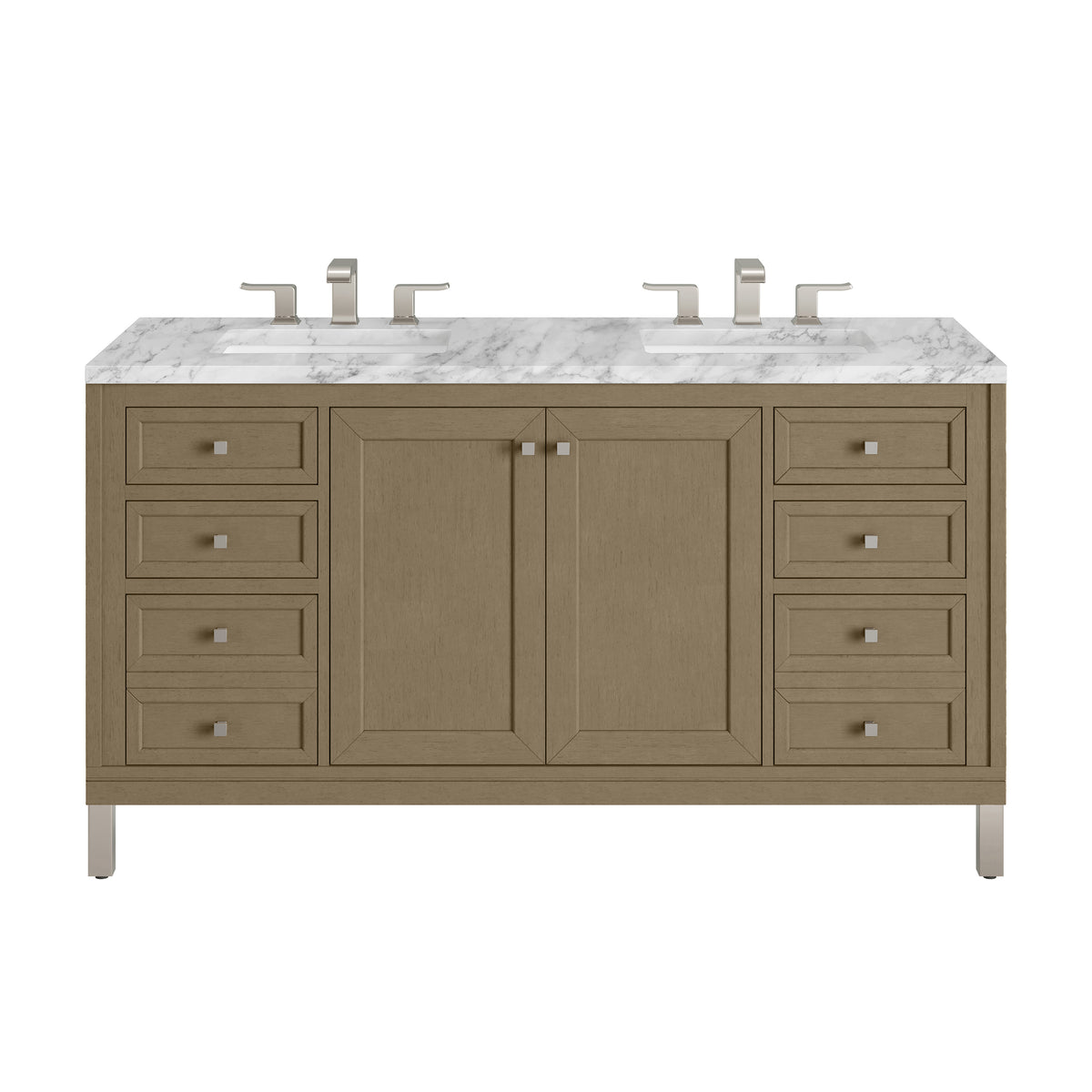 James Martin Chicago 60" Double Bathroom Vanity, Walnut Whisper with Carrara White countertop