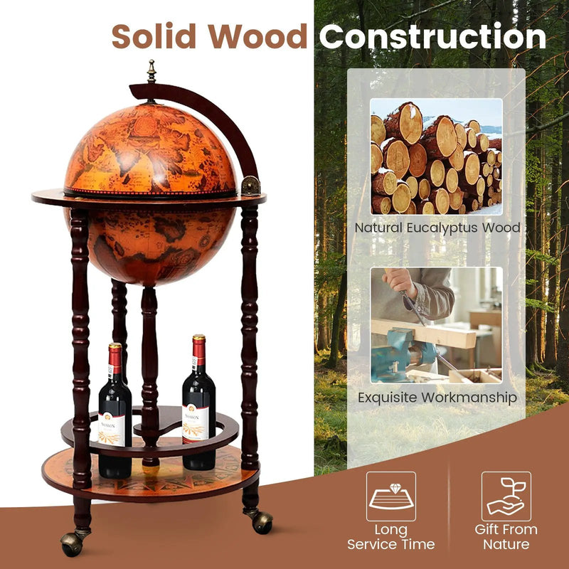 16th Century Wood Globe Wine Bar Stand by DirectDeals