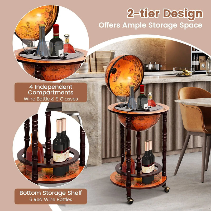 16th Century Wood Globe Wine Bar Stand by DirectDeals