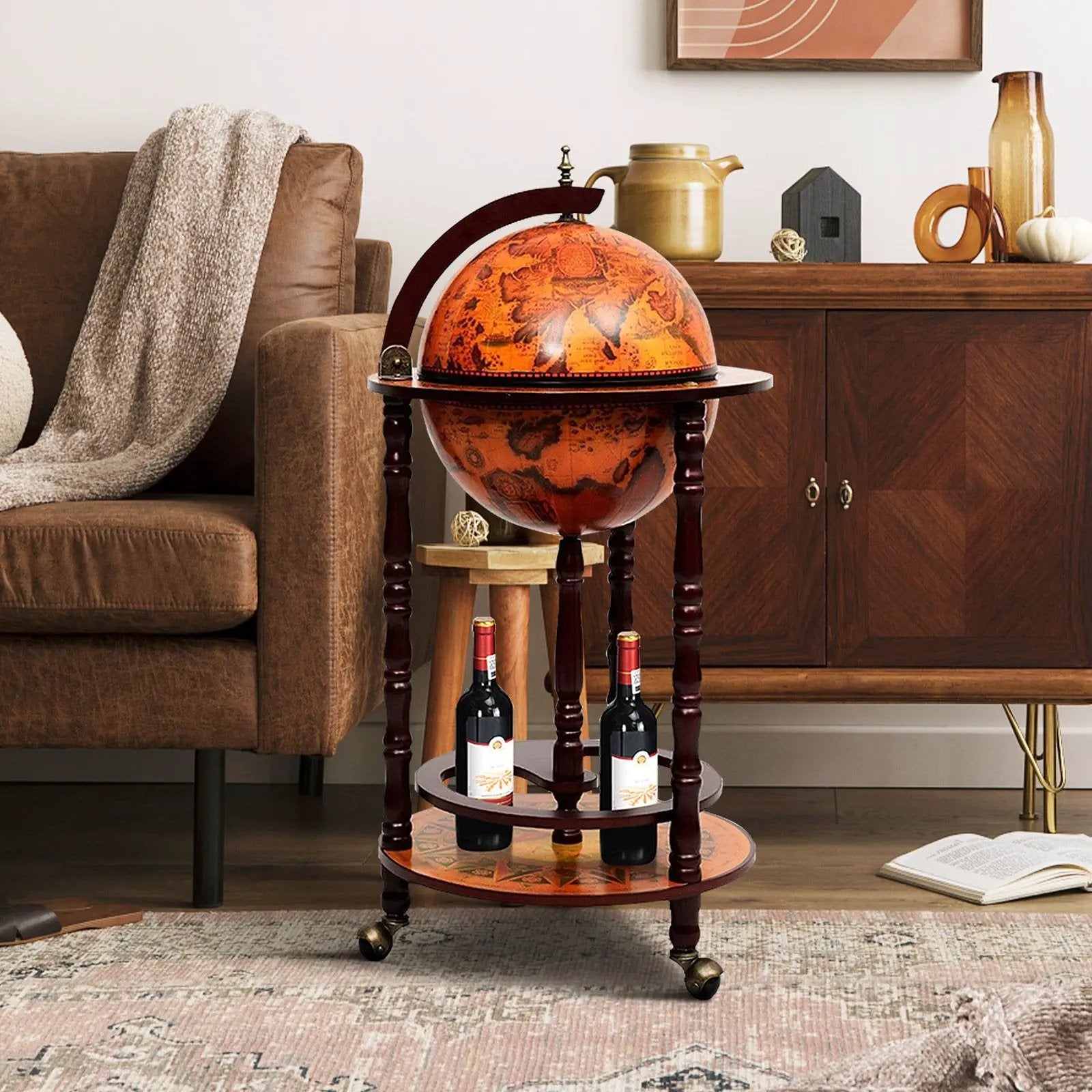16th Century Wood Globe Wine Bar Stand by DirectDeals