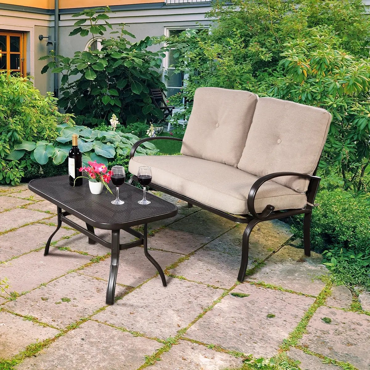 2 Pieces Patio Outdoor Cushioned Coffee Table Seat by DirectDeals