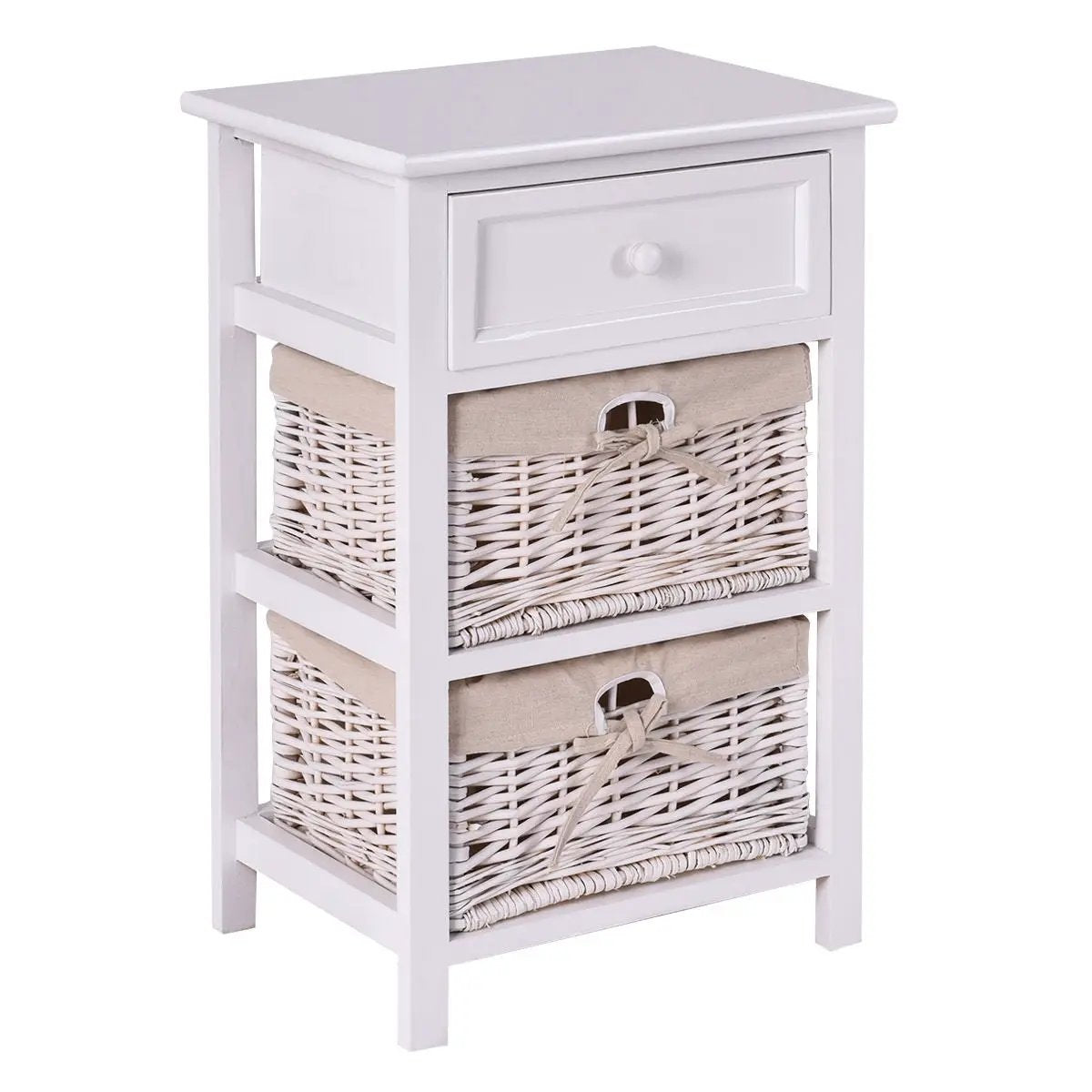 3 Tiers Wooden Storage Nightstand with 2 Baskets and 1 Drawer by DirectDeals