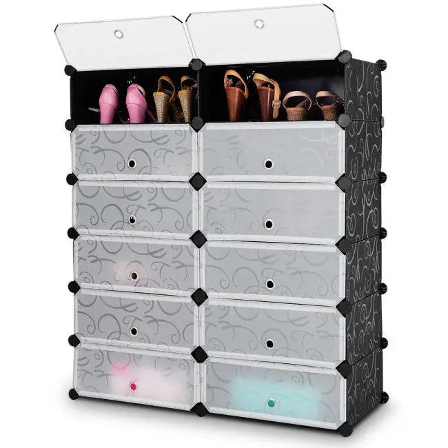 12-Cube DIY Portable Plastic Shoe Rack with Transparent Doors by DirectDeals