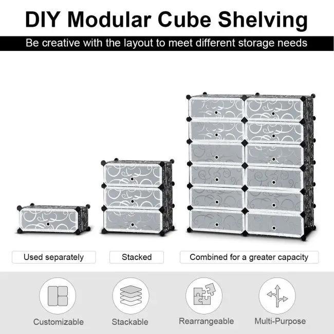 12-Cube DIY Portable Plastic Shoe Rack with Transparent Doors by DirectDeals