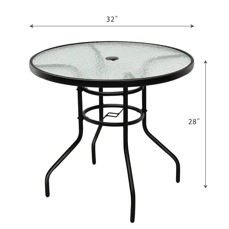 32 Inch Patio Tempered Glass Steel Frame Round Table with Convenient Umbrella Hole by DirectDeals