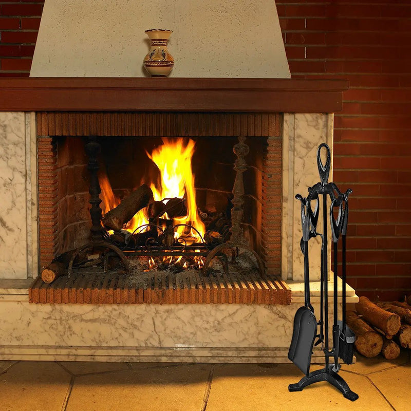 5 Pieces Rustic Heavy Duty Compact Wrought Iron Fireplace Tools Set by DirectDeals