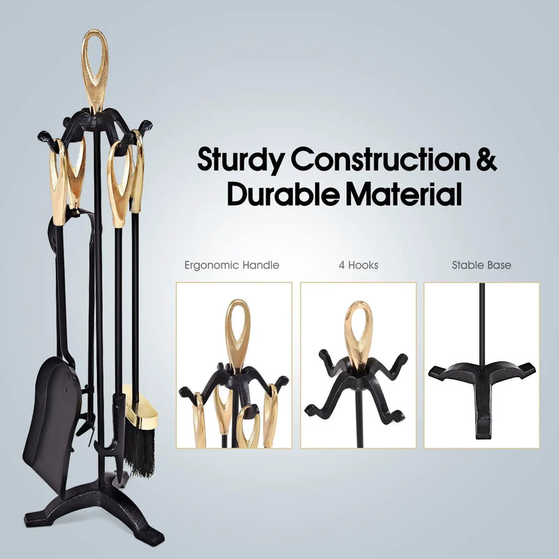 5 Pieces Rustic Heavy Duty Compact Wrought Iron Fireplace Tools Set by DirectDeals