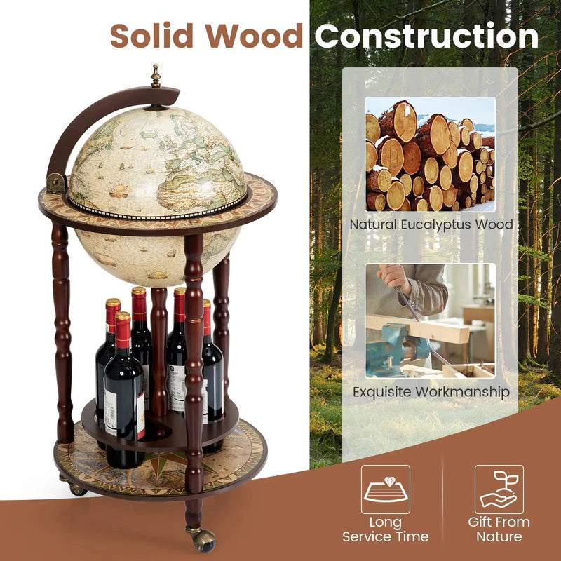 17 Inch Italian Style Design Wooden Globe Liquor Bottle Wine Rack with Wheels by DirectDeals