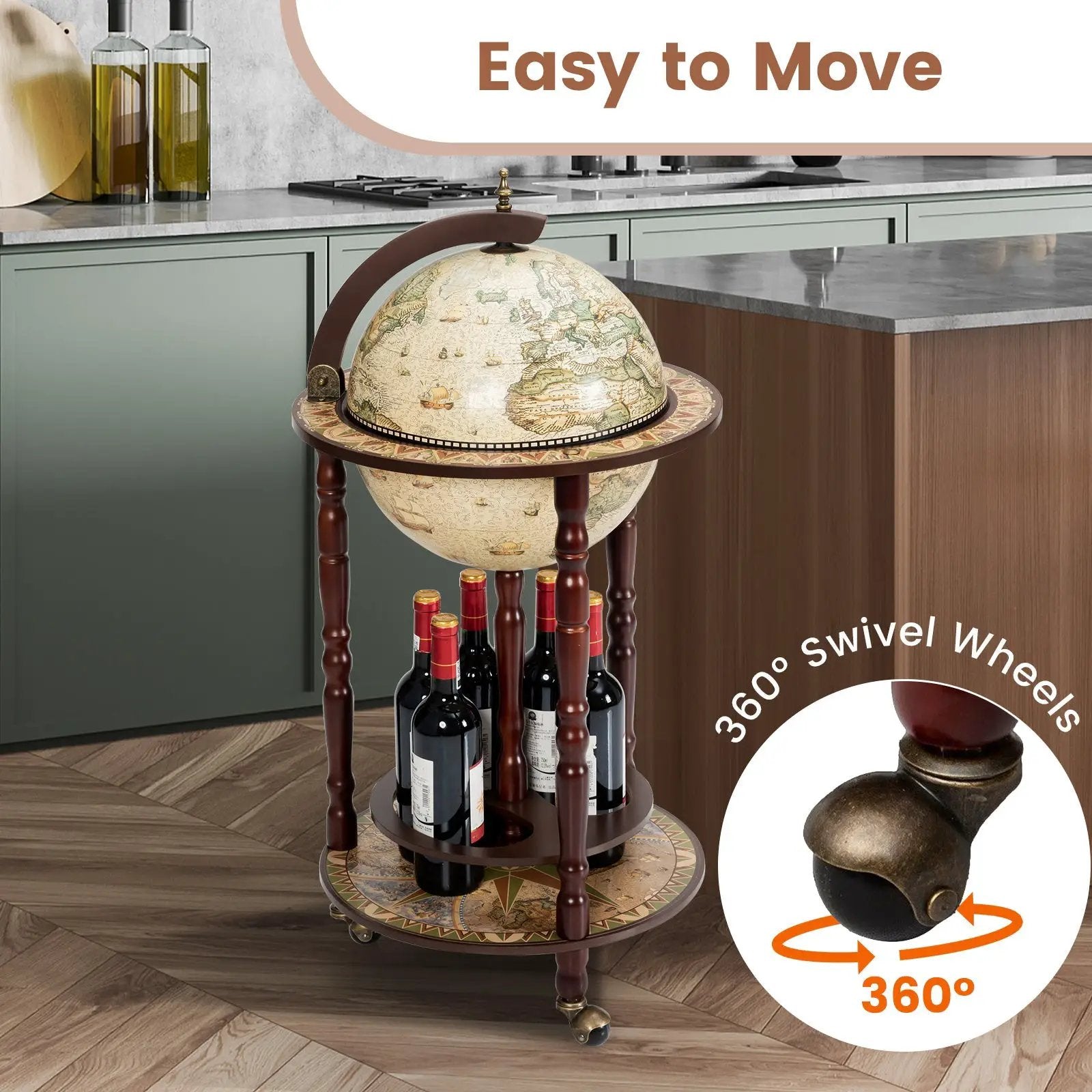 17 Inch Italian Style Design Wooden Globe Liquor Bottle Wine Rack with Wheels by DirectDeals