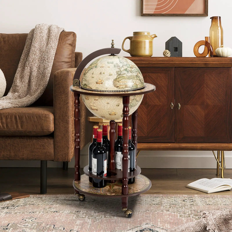 17 Inch Italian Style Design Wooden Globe Liquor Bottle Wine Rack with Wheels by DirectDeals