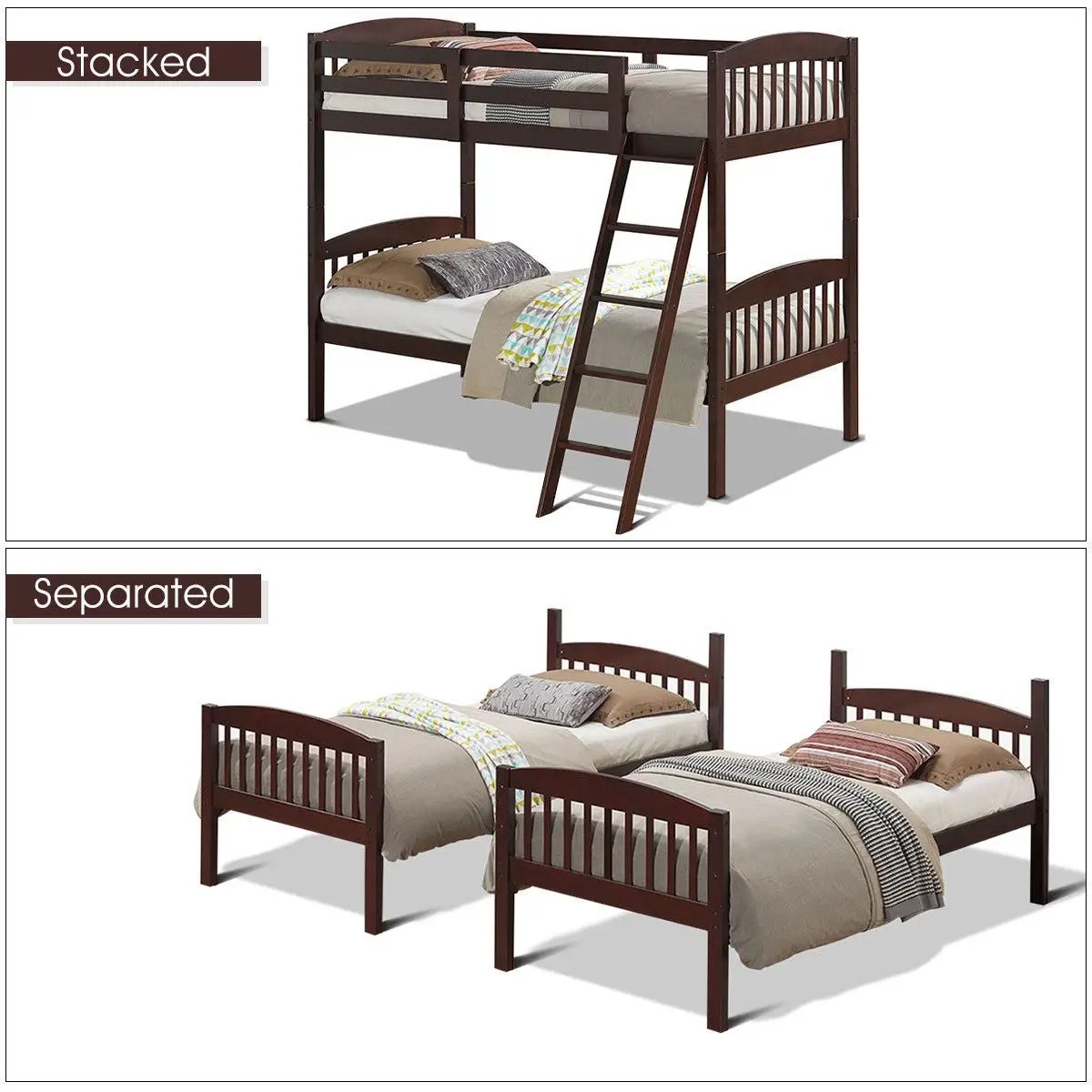 Solid Wood Twin Bunk Beds with Detachable Kids Ladder by DirectDeals