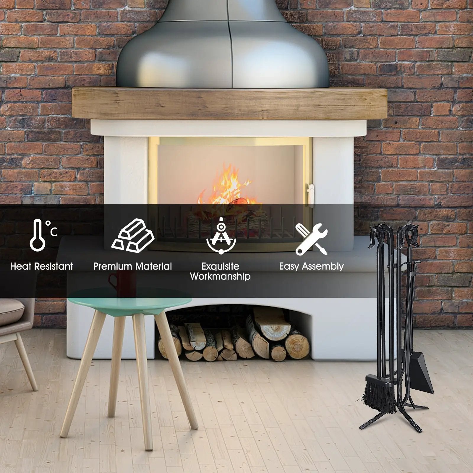 5 Pieces Fireplace Iron Standing Tools Set by DirectDeals
