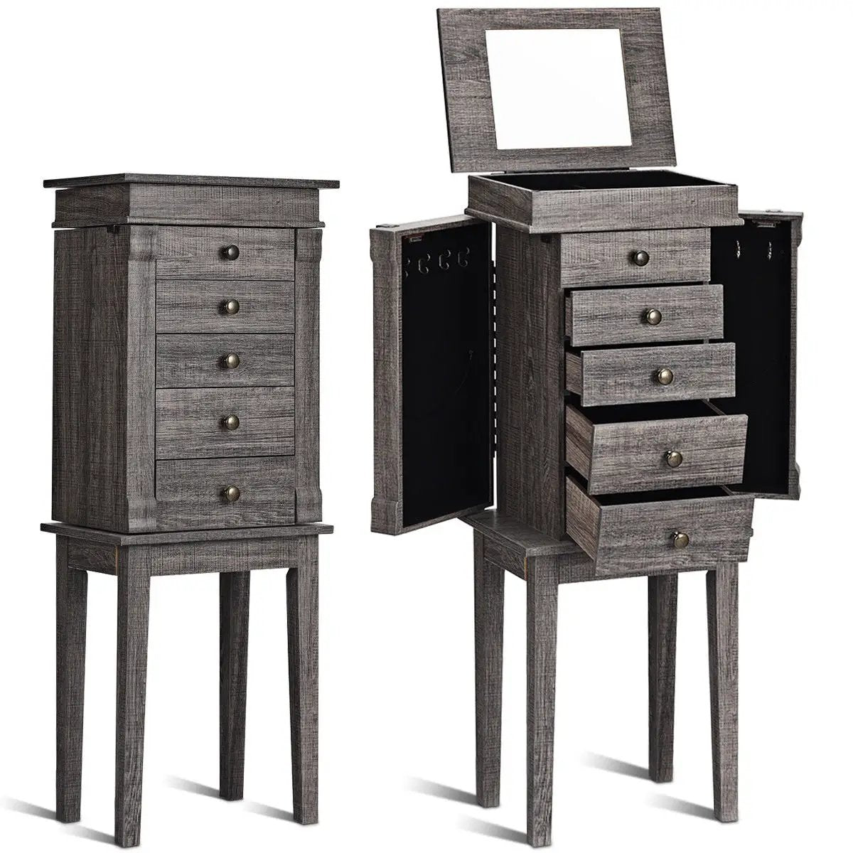 Standing Jewelry Cabinet Storage Organizer with Wooden Legs-Gray by DirectDeals