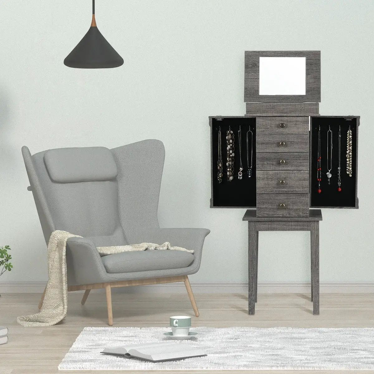 Standing Jewelry Cabinet Storage Organizer with Wooden Legs-Gray by DirectDeals