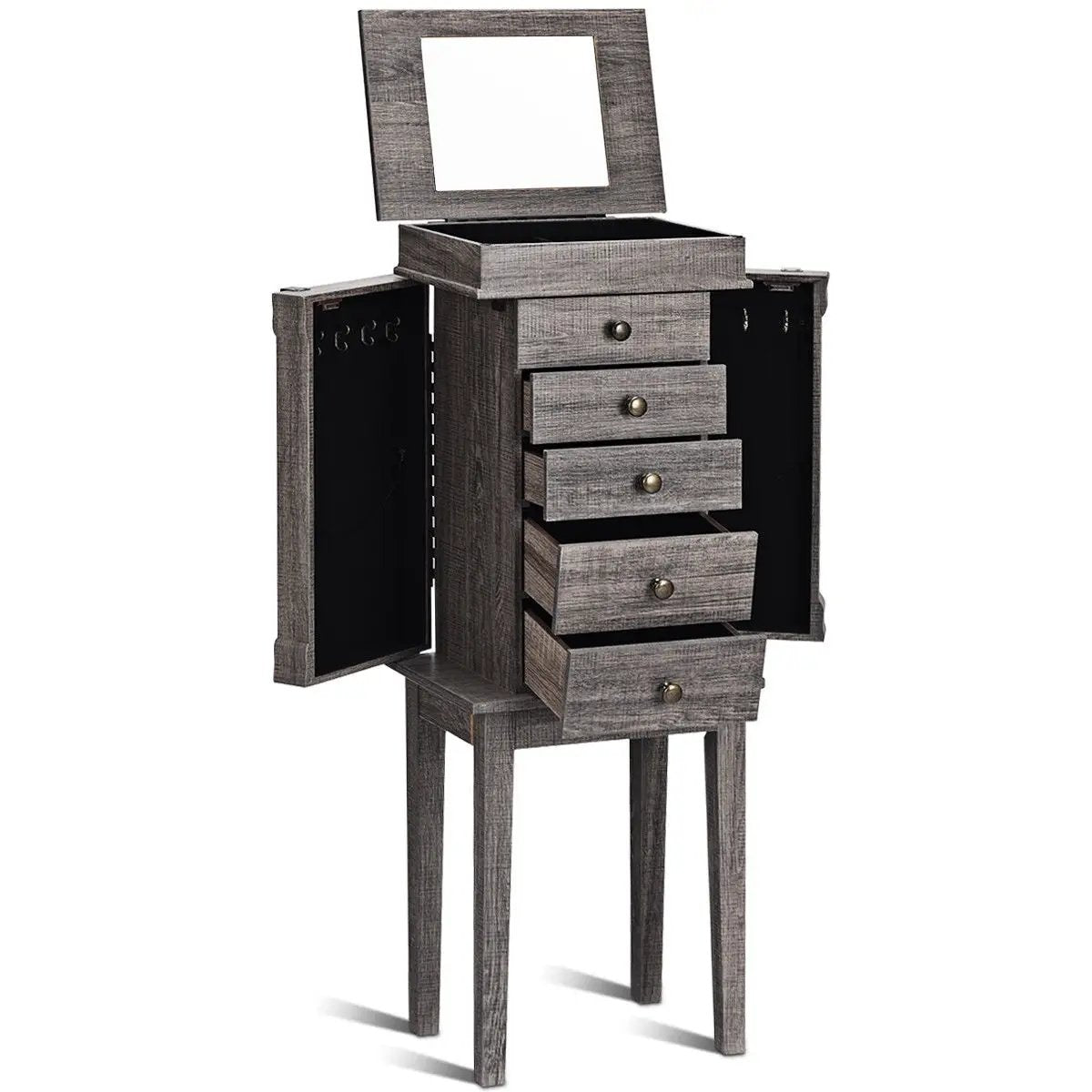 Standing Jewelry Cabinet Storage Organizer with Wooden Legs-Gray by DirectDeals