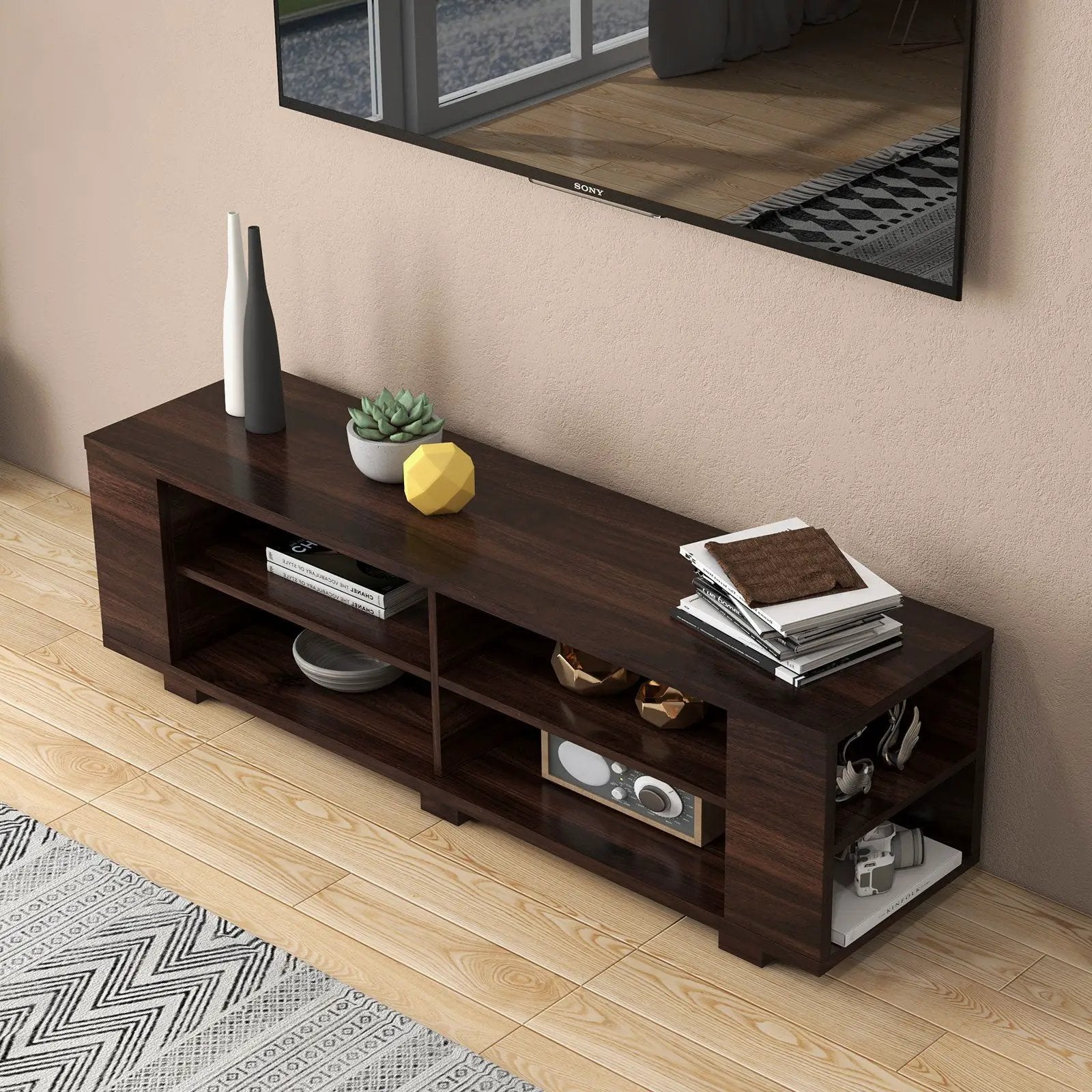 59 Inch Console Storage Entertainment Media Wood TV Stand-Walnut by DirectDeals