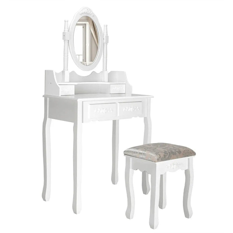 Vanity Table Set with Oval Mirror and 4 Drawers-White by DirectDeals