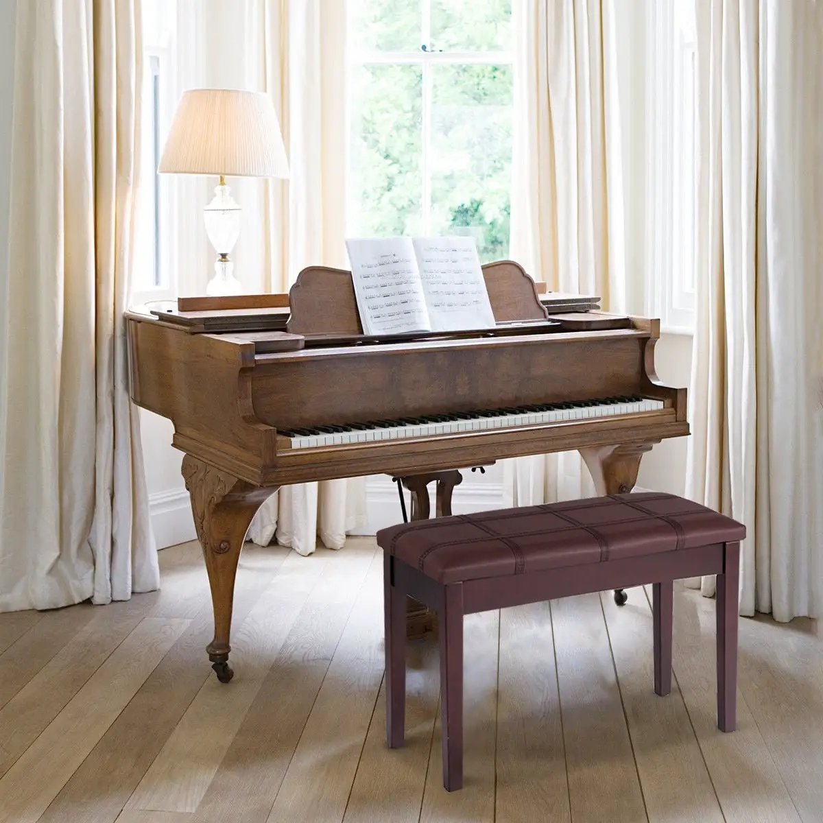Solid Wood PU Leather Piano Double Duet Keyboard Bench by DirectDeals