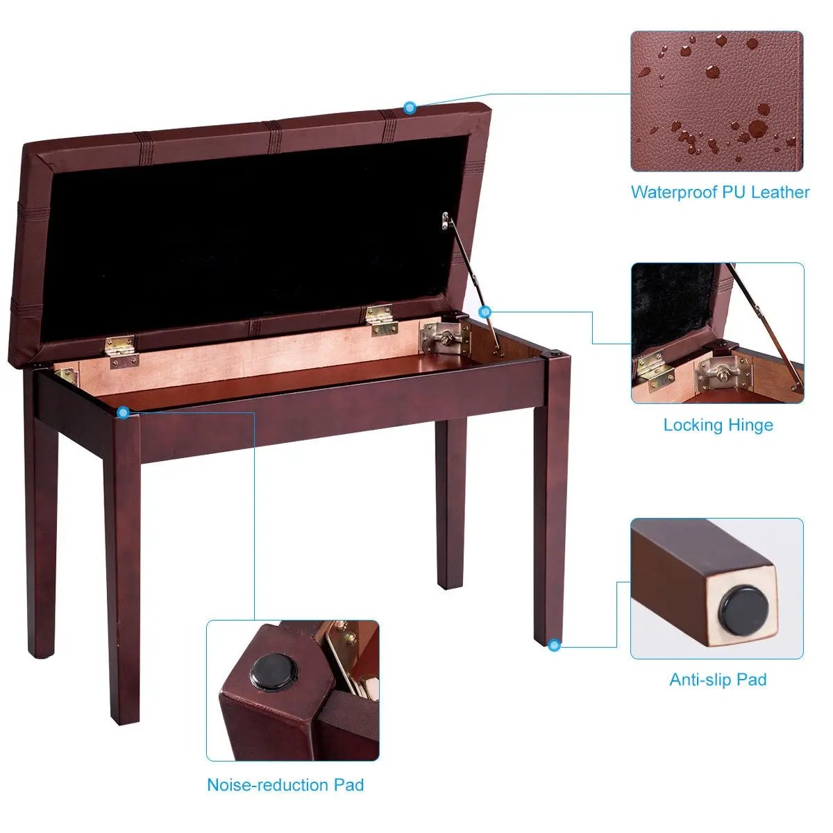 Solid Wood PU Leather Piano Double Duet Keyboard Bench by DirectDeals