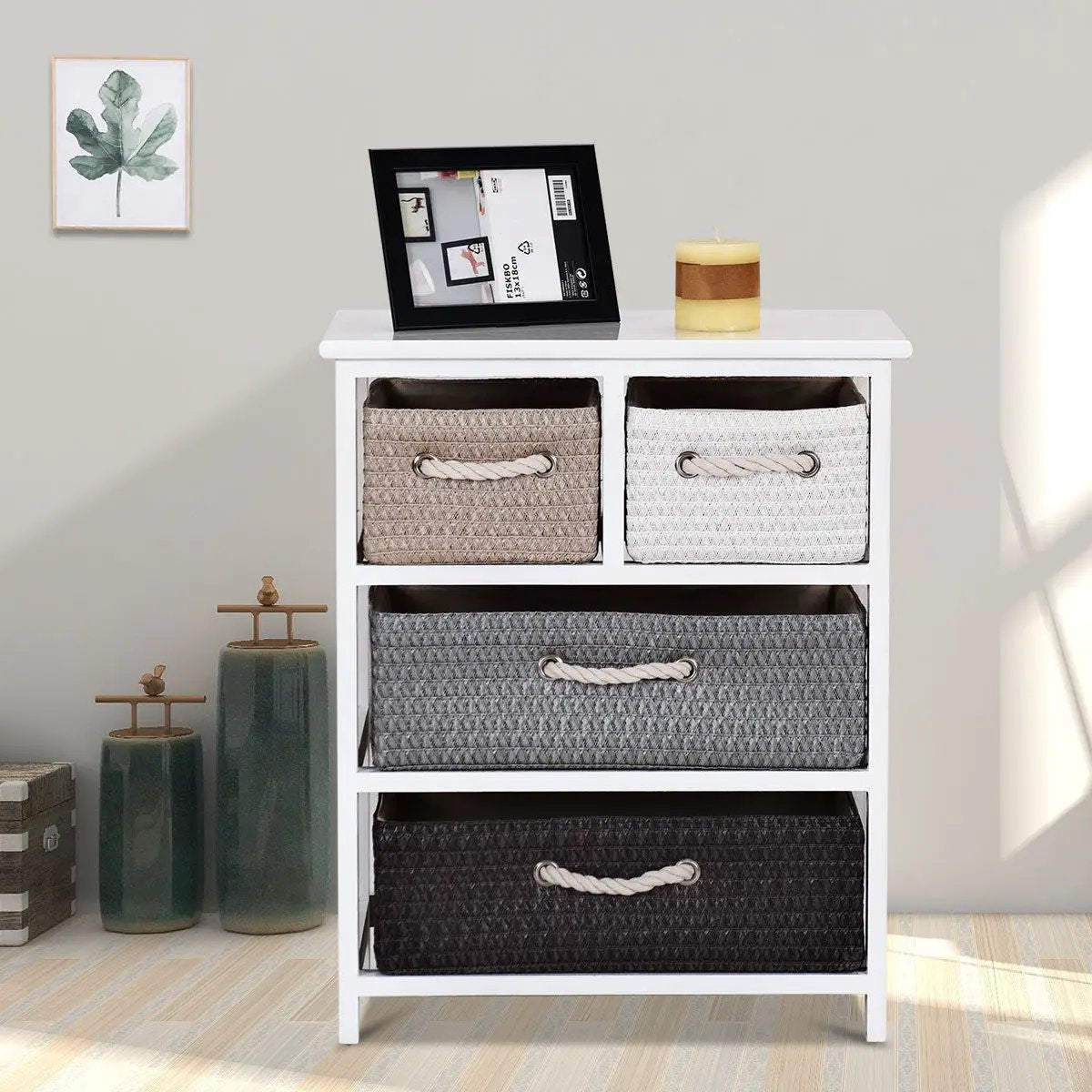 Storage Drawer Nightstand Woven Basket Cabinet Bedside Table by DirectDeals