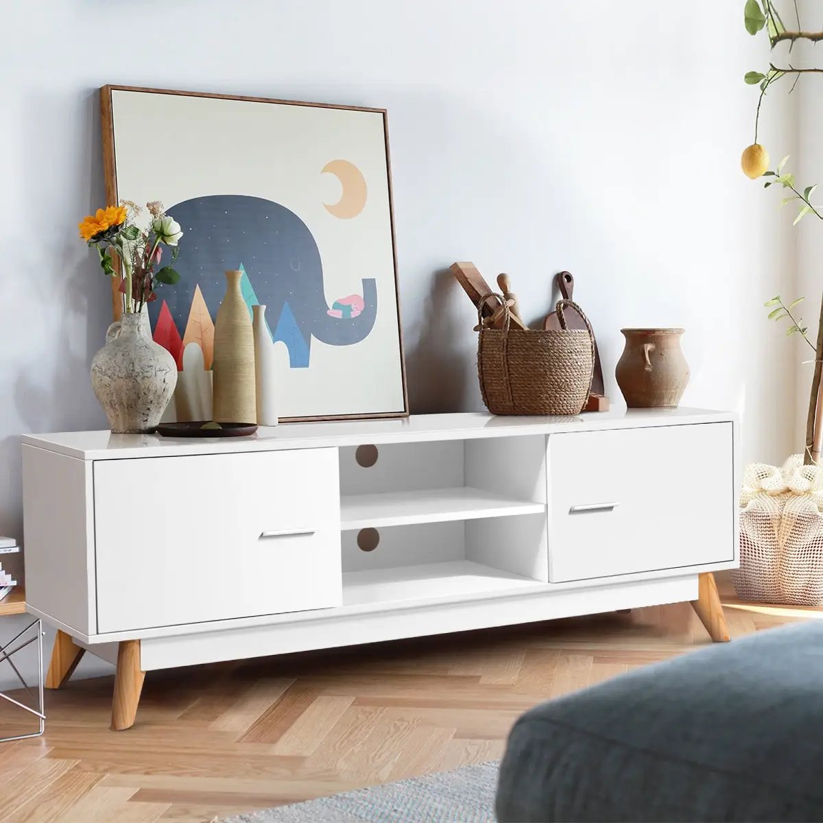 Wooden TV Stand with 2 Storage Cabinets and 2 Open Shelves for 60 Inch TV by DirectDeals