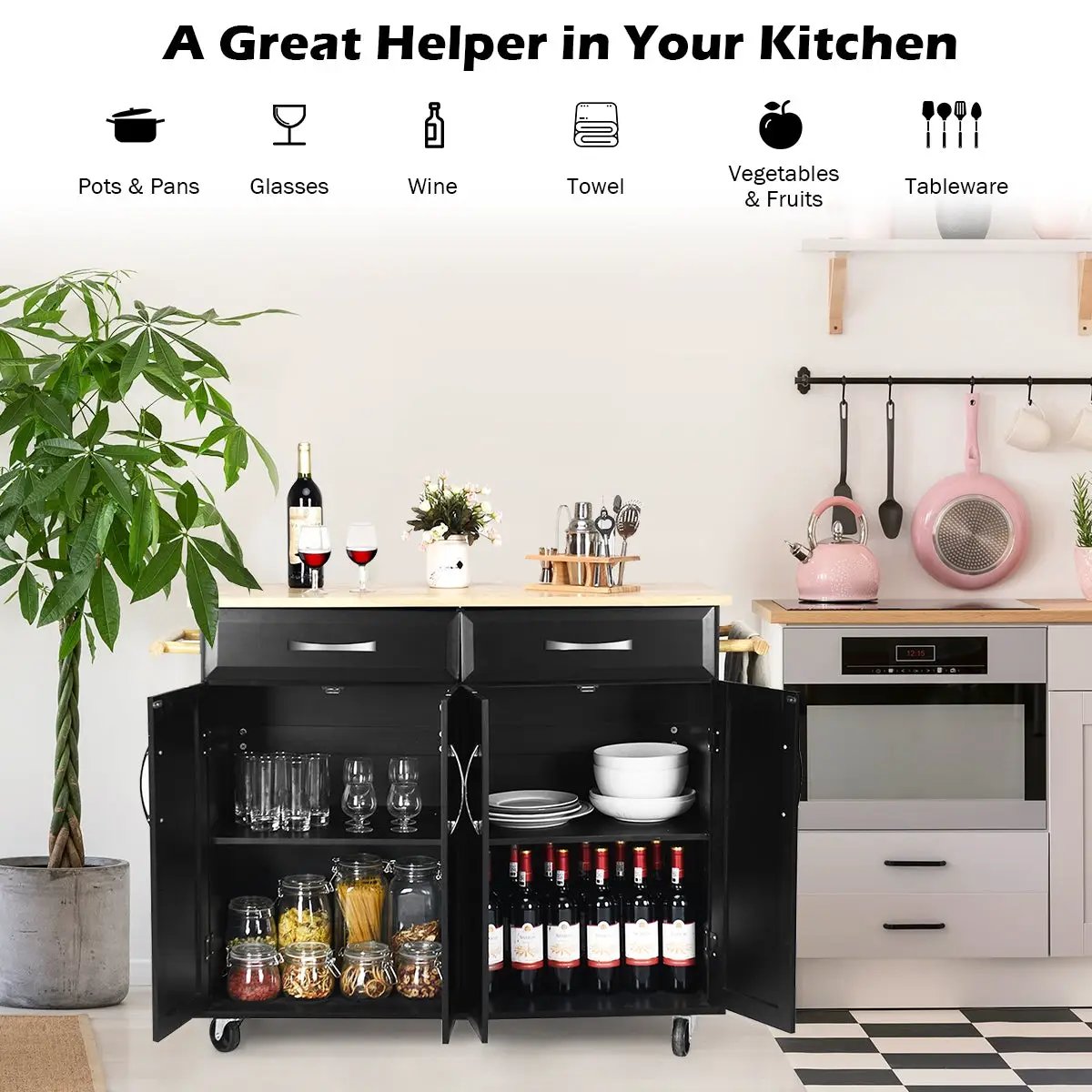 Wood Top Rolling Kitchen Trolley Island Cart Storage Cabinet by DirectDeals