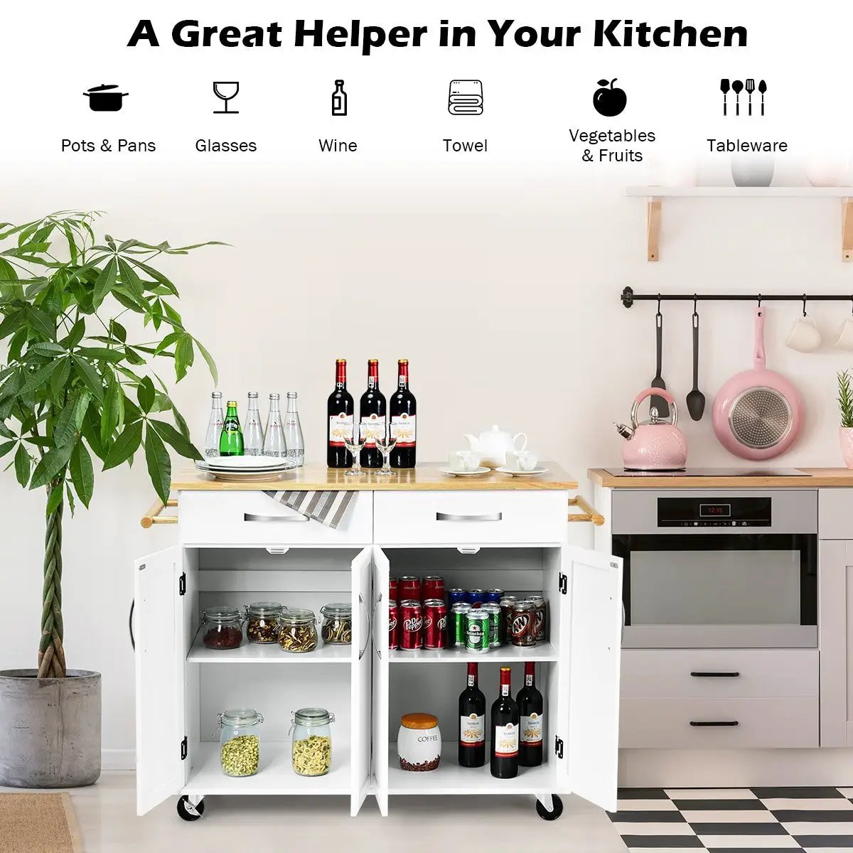 Wood Top Rolling Kitchen Trolley Island Cart Storage Cabinet by DirectDeals