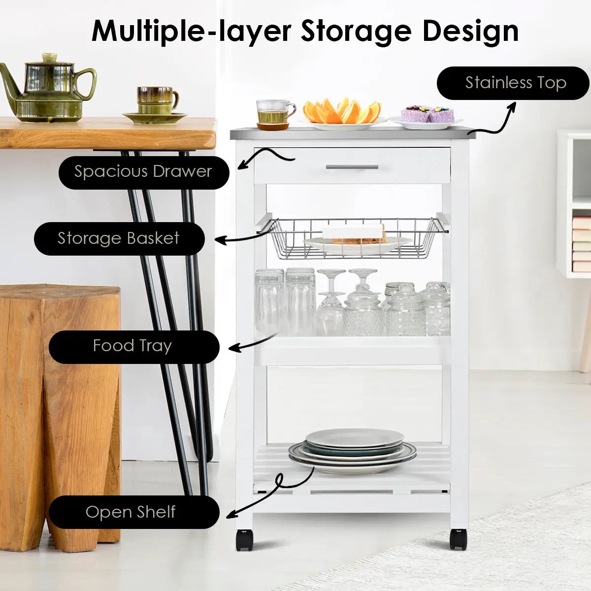Kitchen Island Cart with Stainless Steel Tabletop and Basket by DirectDeals