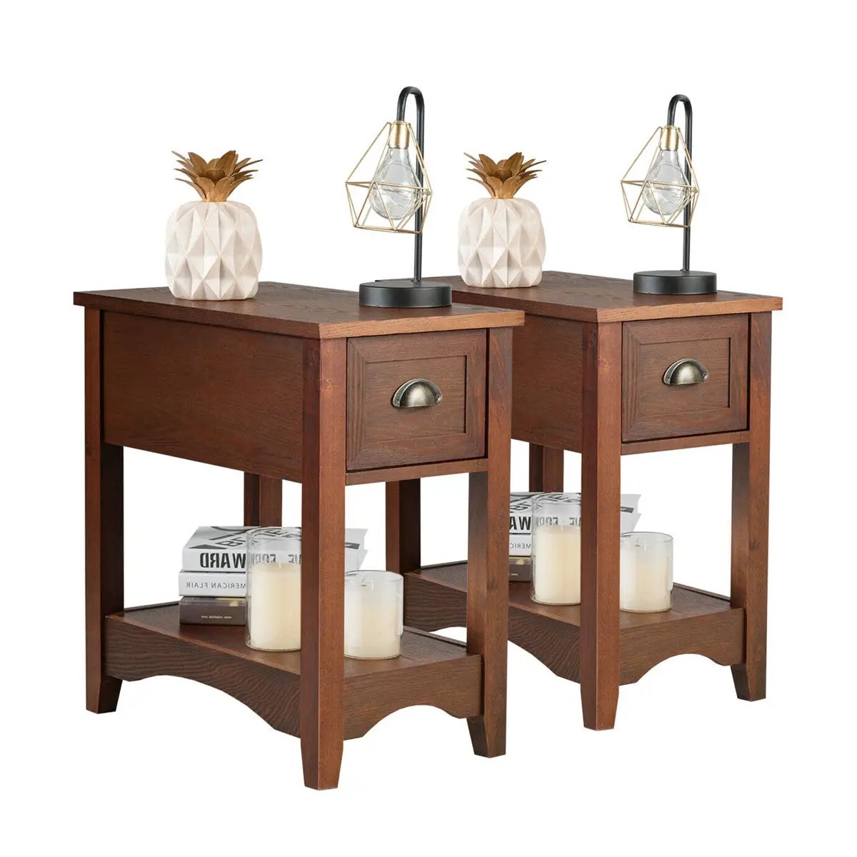 2 Pieces Retro Narrow Tiered End Table with Drawer and Storing Shelf by DirectDeals
