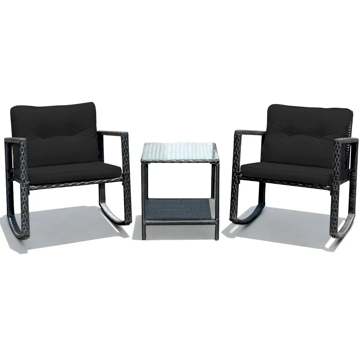 3 Pieces Cushioned Patio Rattan Set with Rocking Chair and Table-Black by DirectDeals
