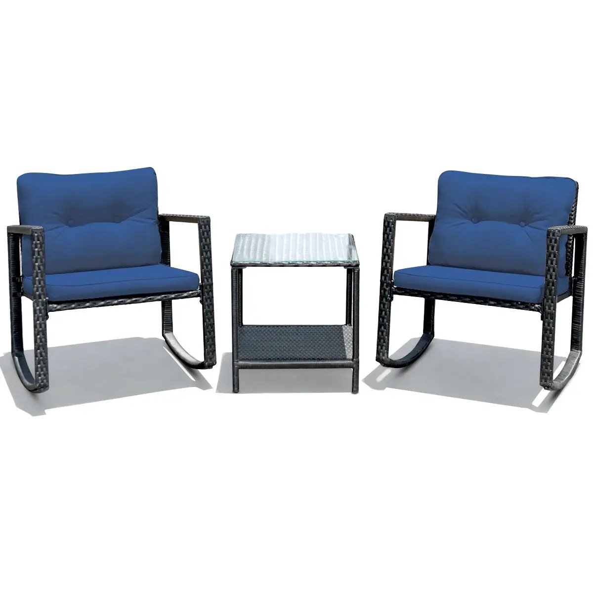 3 Pieces Cushioned Patio Rattan Set with Rocking Chair and Table-Black by DirectDeals