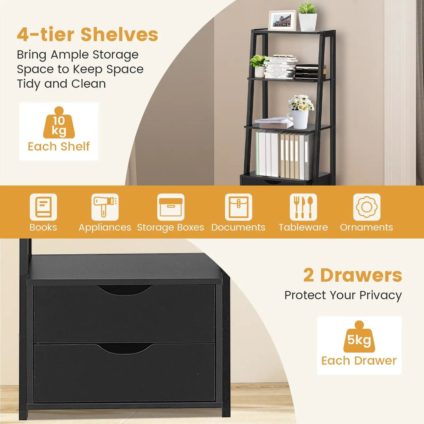 4-Tier Ladder Bookshelf Storage Display with 2 Drawers-White by DirectDeals