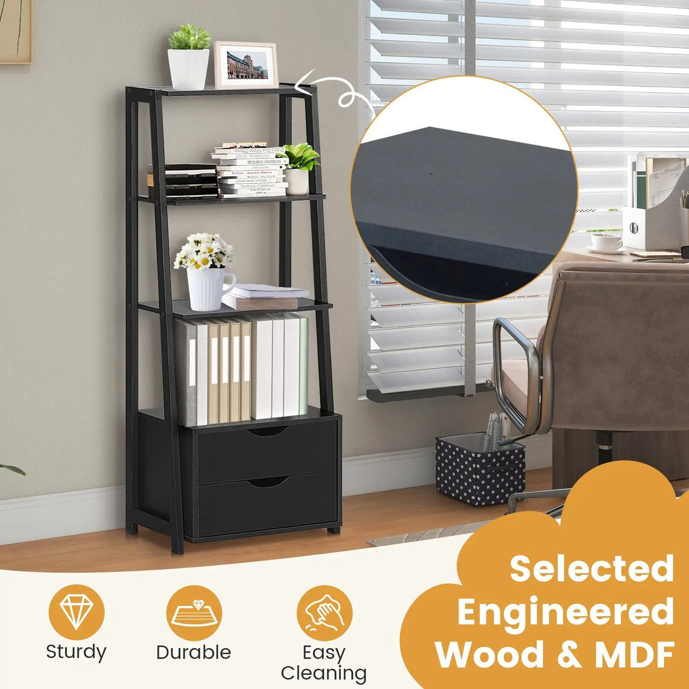 4-Tier Ladder Bookshelf Storage Display with 2 Drawers-White by DirectDeals