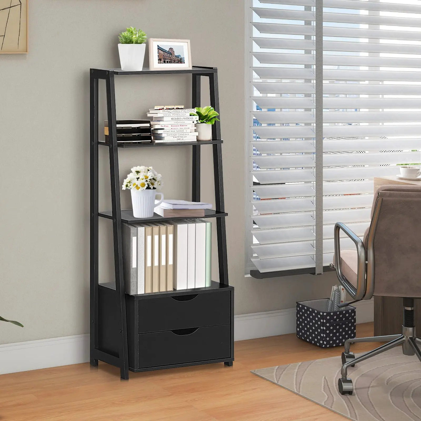 4-Tier Ladder Bookshelf Storage Display with 2 Drawers-White by DirectDeals