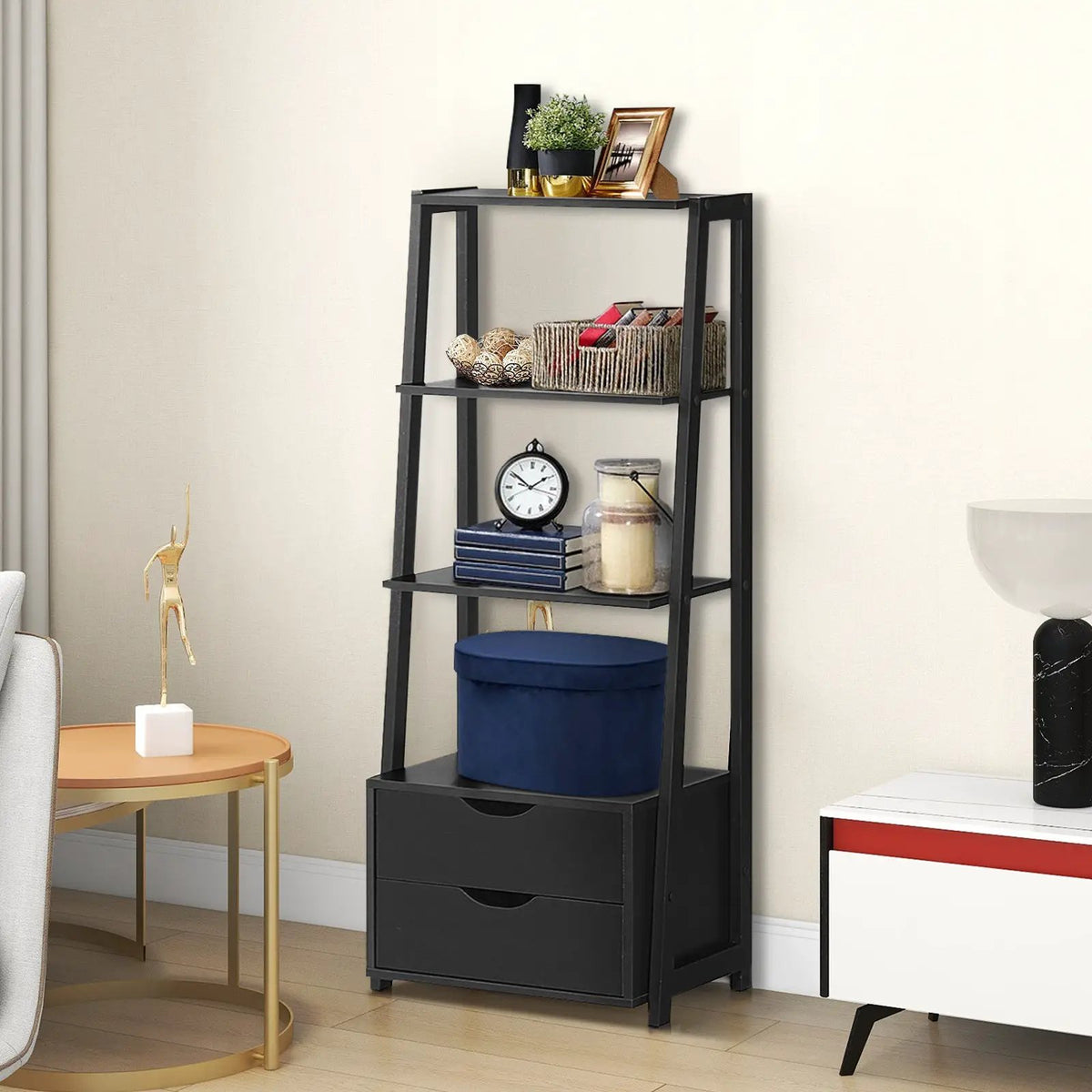 4-Tier Ladder Bookshelf Storage Display with 2 Drawers-White by DirectDeals