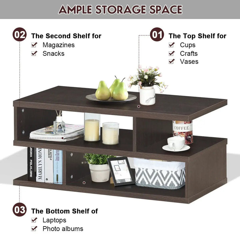 3-Tier Rectangular Modern Coffee Table with Storage Shelf by DirectDeals