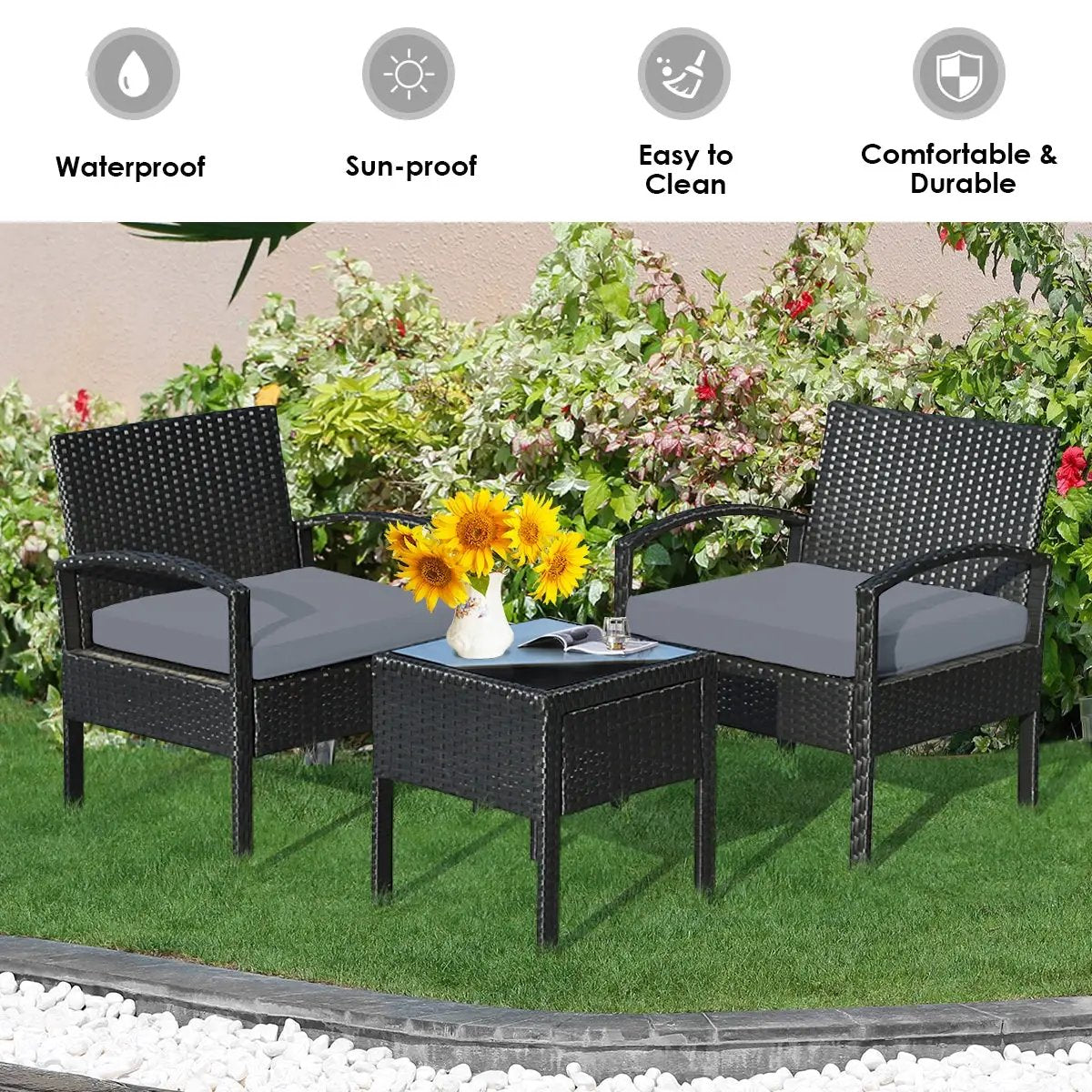 3 Pieces Outdoor Rattan Patio Conversation Set with Seat Cushions by DirectDeals