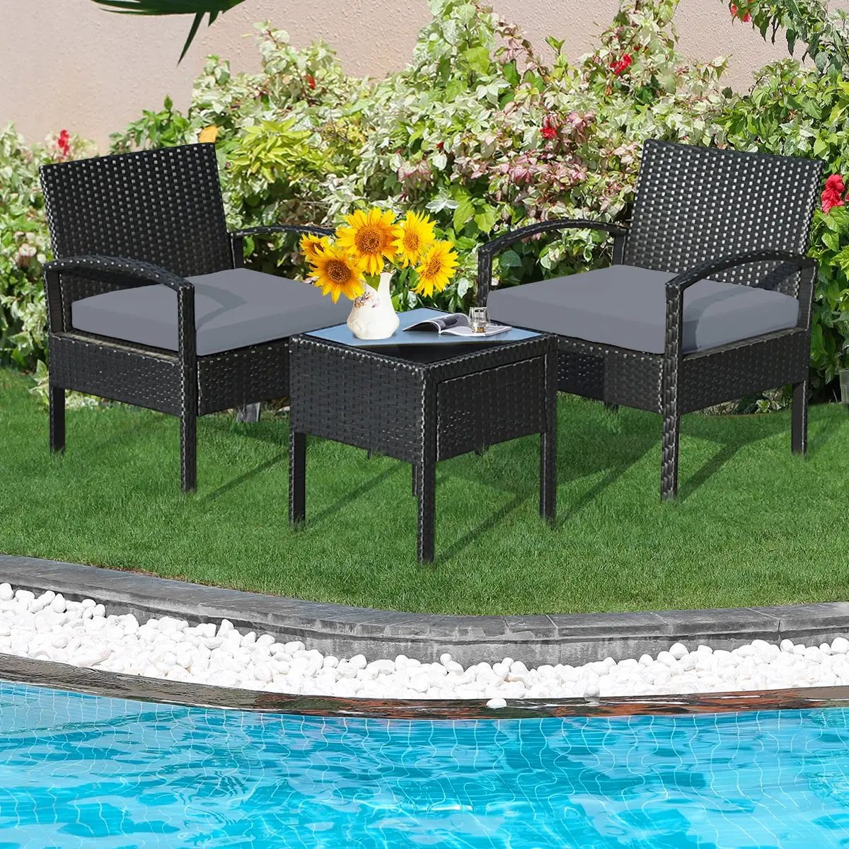 3 Pieces Outdoor Rattan Patio Conversation Set with Seat Cushions by DirectDeals