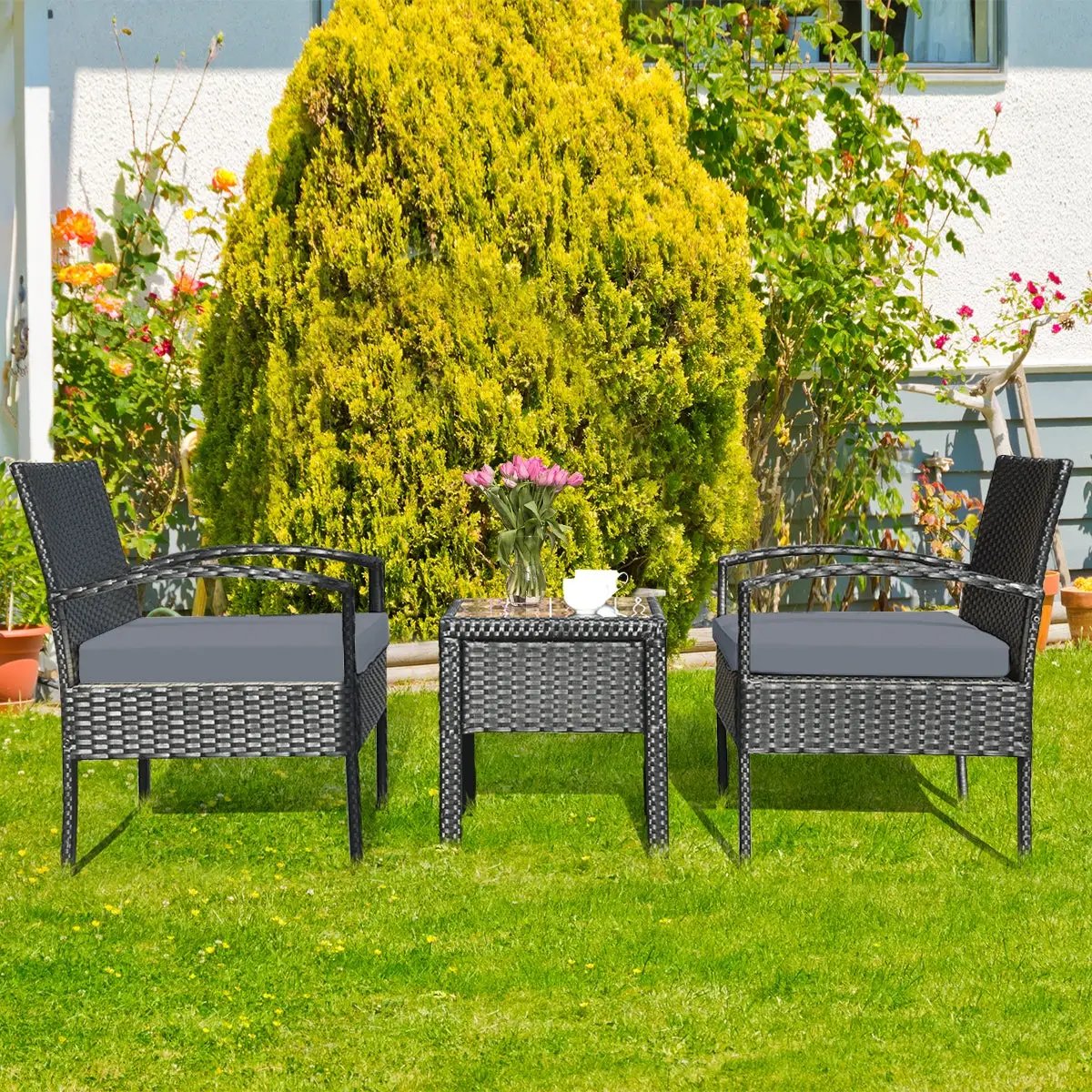 3 Pieces Outdoor Rattan Patio Conversation Set with Seat Cushions by DirectDeals