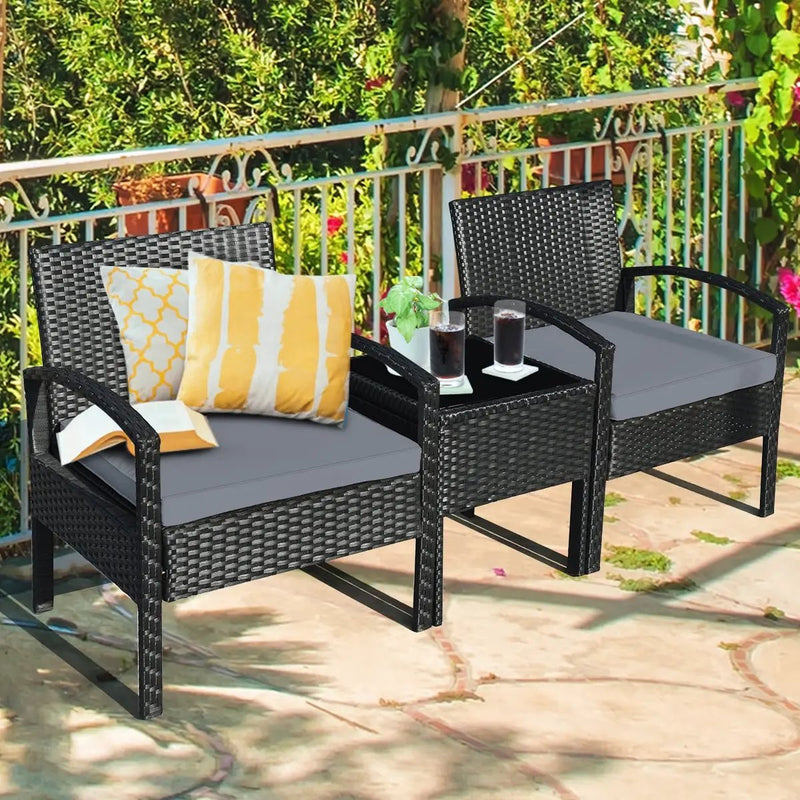 3 Pieces Outdoor Rattan Patio Conversation Set with Seat Cushions by DirectDeals