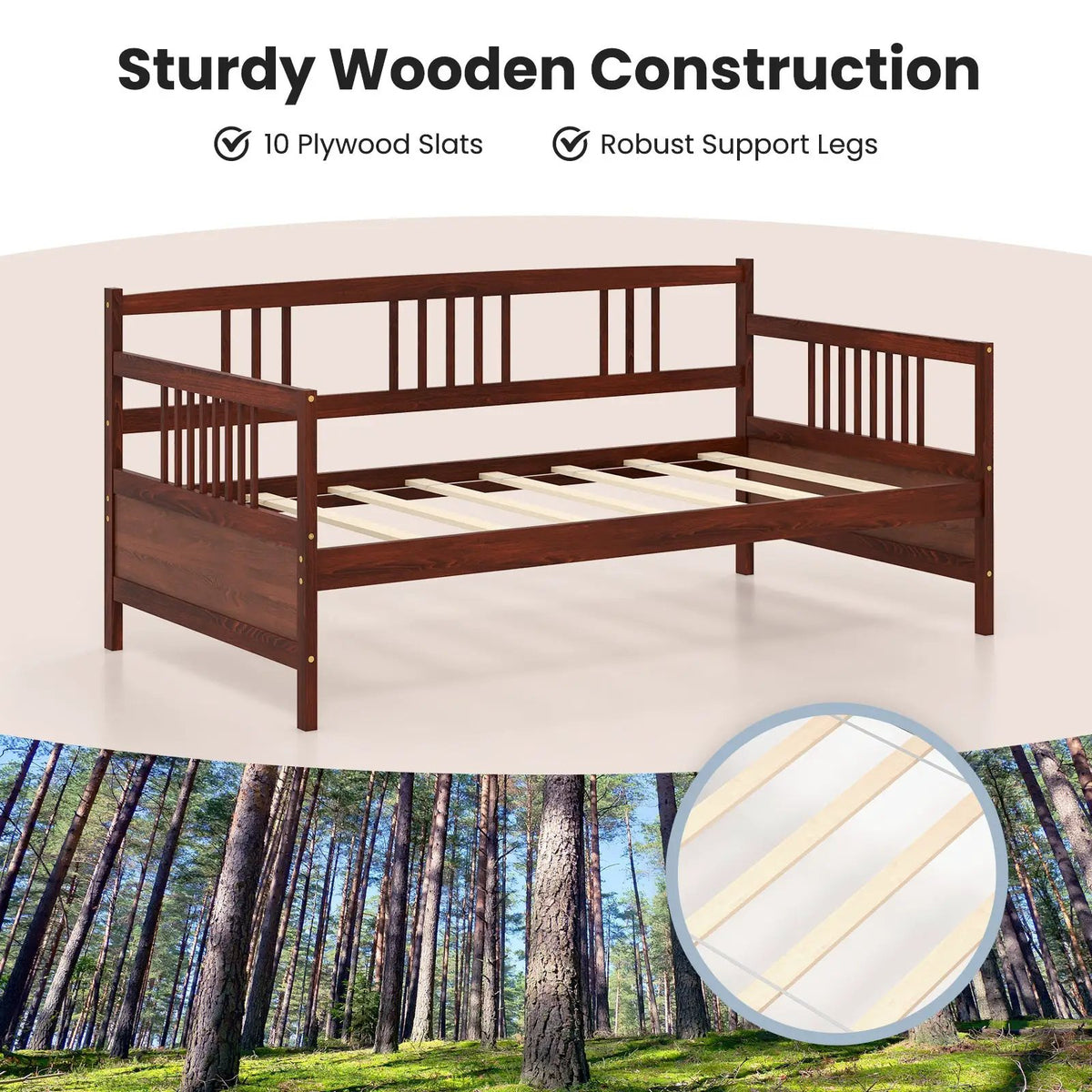 Twin Size Wooden Slats Daybed Bed with Rails by DirectDeals