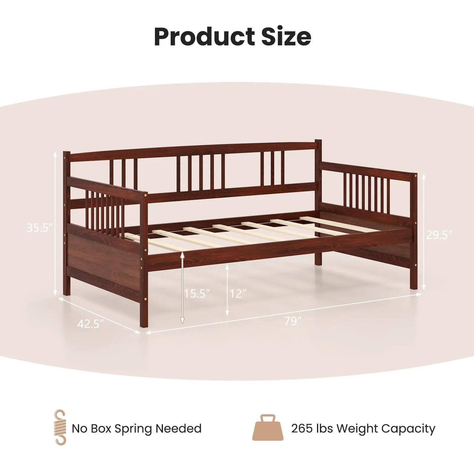 Twin Size Wooden Slats Daybed Bed with Rails by DirectDeals