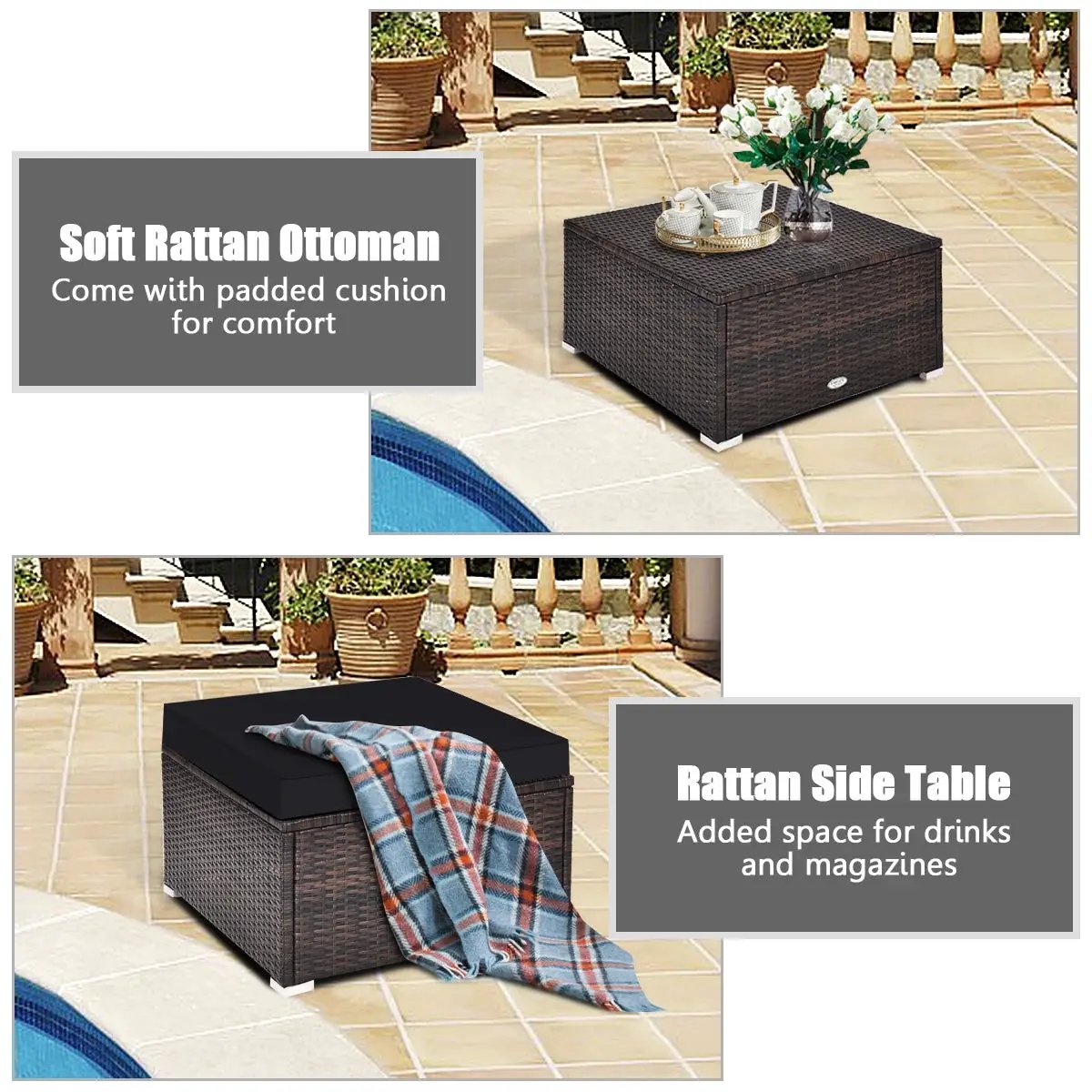 4 Pieces Ottoman Garden Patio Rattan Wicker Furniture Set with Cushion-Gray by DirectDeals