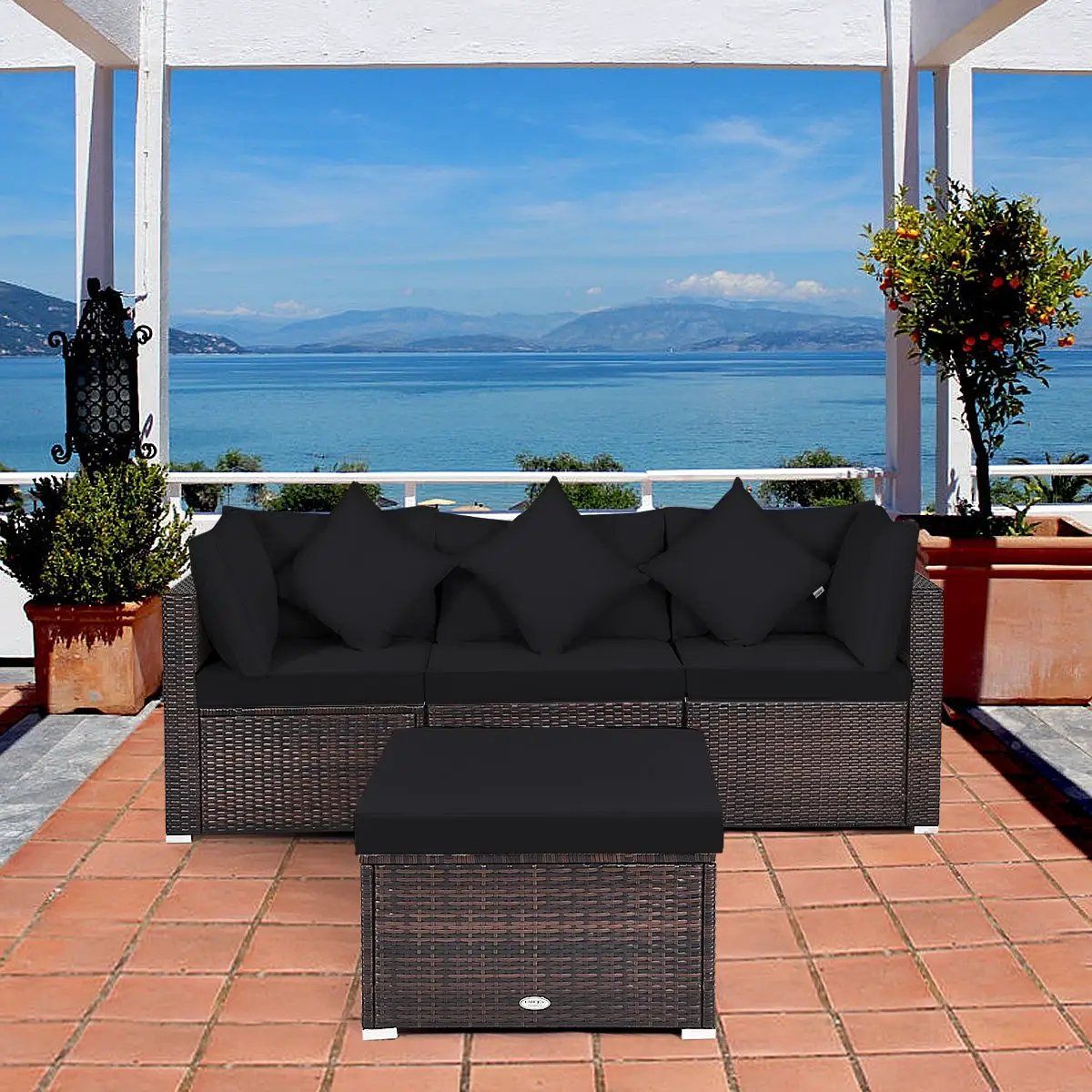 4 Pieces Ottoman Garden Patio Rattan Wicker Furniture Set with Cushion-Gray by DirectDeals