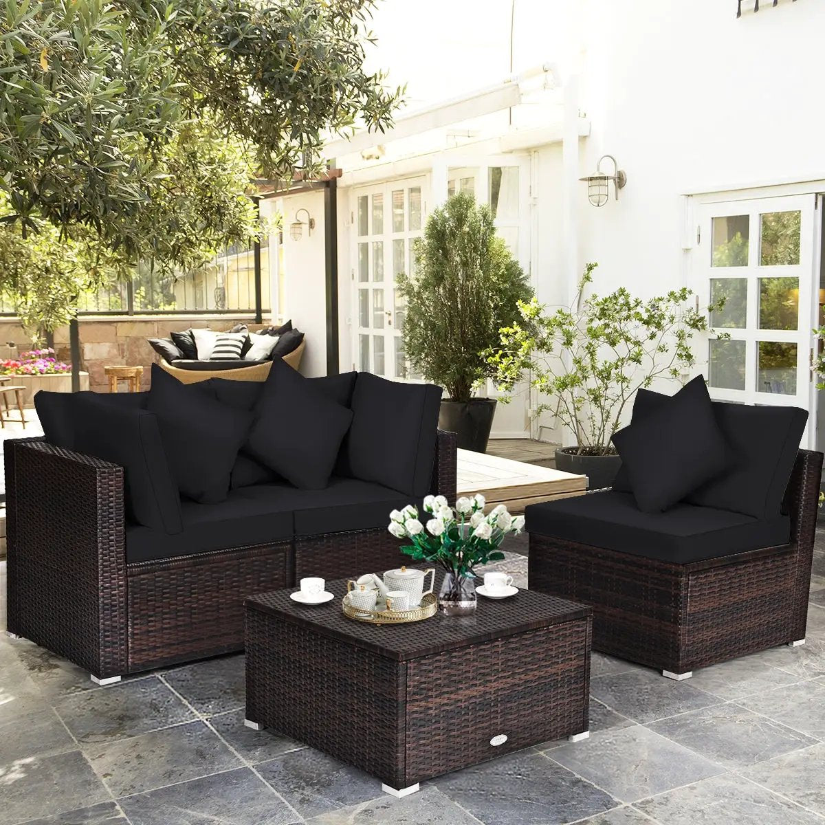 4 Pieces Ottoman Garden Patio Rattan Wicker Furniture Set with Cushion-Gray by DirectDeals