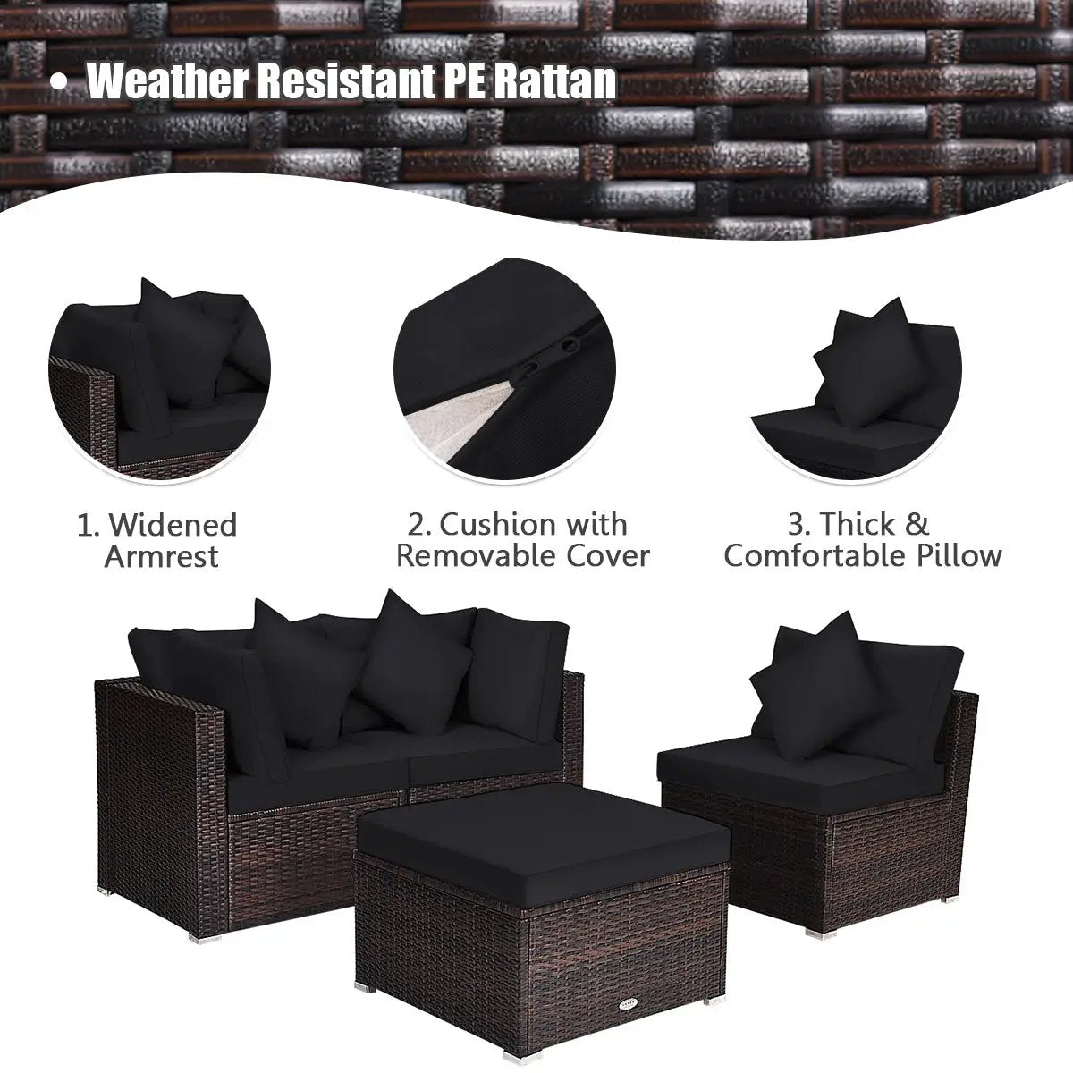 4 Pieces Ottoman Garden Patio Rattan Wicker Furniture Set with Cushion-Gray by DirectDeals